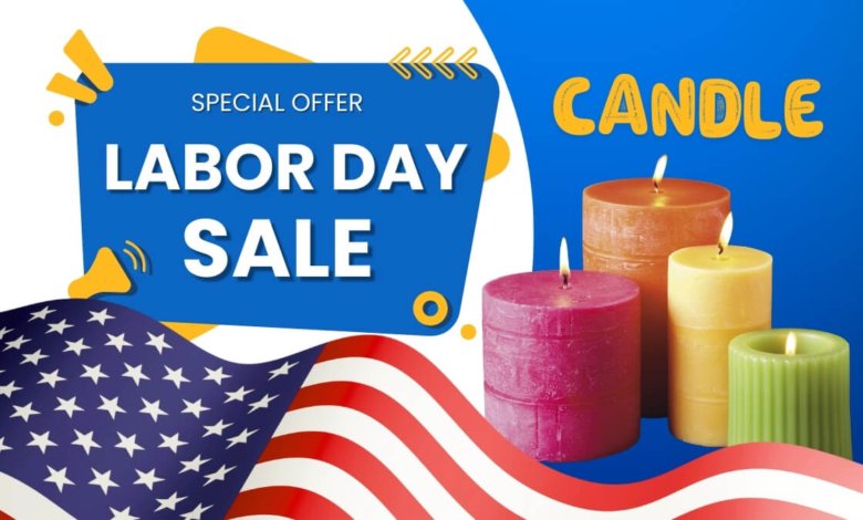 Image of Labor Day Candle Sale Special offer and Deal Labor Day Candle Sale: A cozy, aesthetically pleasing image of various scented candles on a rustic wooden table, with warm lighting and a soft blanket in the background. A tag on one of the candles says "Labor Day Sale."