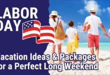 Image of Labor Day Vacation Ideas and Packages for a Perfect Long Weekend A beautiful, sandy beach with a multi-ethnic family of four (daughter holding father's hand and son holding mother's hand) walking hand in hand towards the water, smiling. The sun is shining brightly in the blue sky against a bright blue-green backdrop. The text "Labor Day Vacation Ideas & Packages for a Perfect Long Weekend" is stylized in the image.