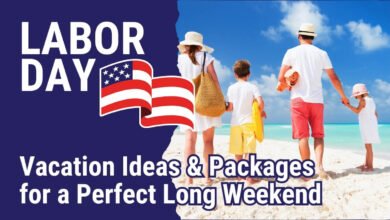 Image of Labor Day Vacation Ideas and Packages for a Perfect Long Weekend A beautiful, sandy beach with a multi-ethnic family of four (daughter holding father's hand and son holding mother's hand) walking hand in hand towards the water, smiling. The sun is shining brightly in the blue sky against a bright blue-green backdrop. The text "Labor Day Vacation Ideas & Packages for a Perfect Long Weekend" is stylized in the image.