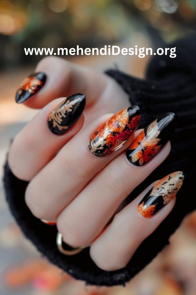 Image of Metallic Bronze Fall Nail Design with Leaf Accents Metallic Bronze Fall Nail Design with Leaf Accents
