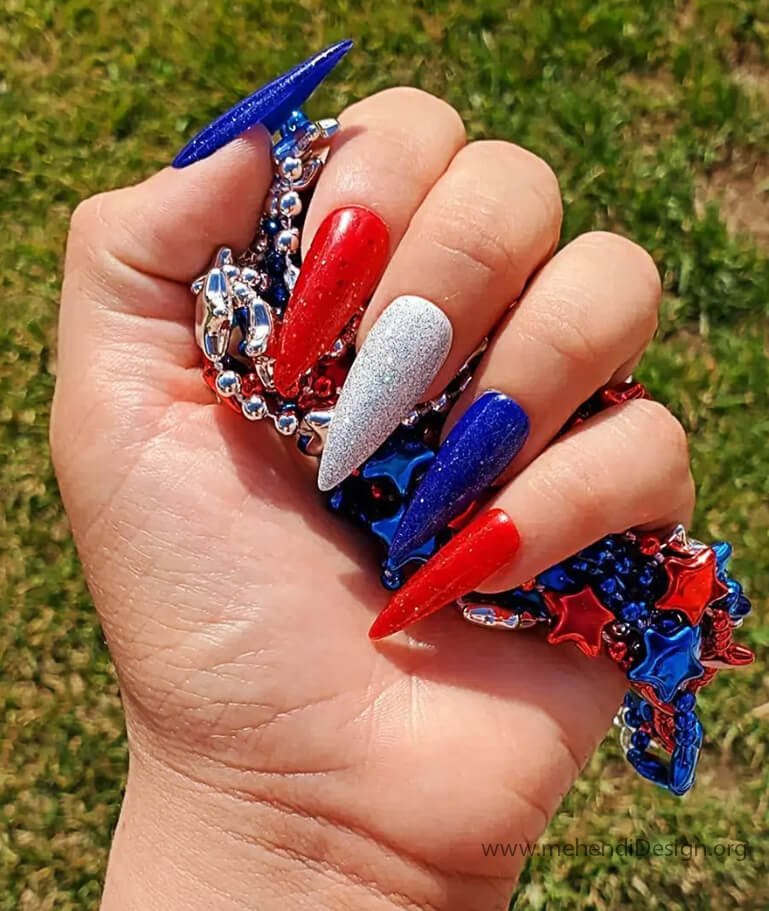 Image of Modern patriotic French tip nails with red and blue tips Modern patriotic French tip nails with red and blue tips
