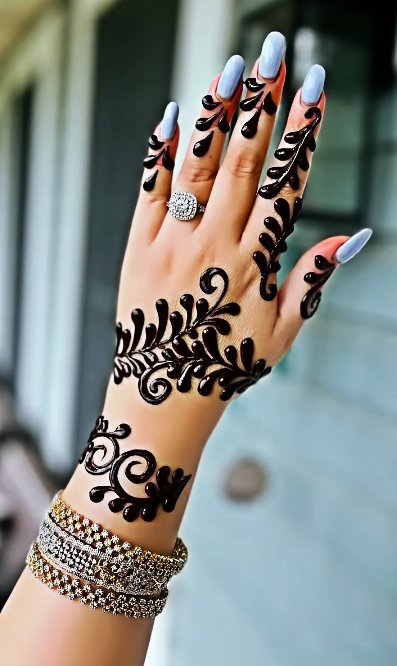 Image of Raindrops mehndi design early fall Small teardrop shaped patterns resembling gentle fall rain scattered lightly on the back of the hand Raindrops mehndi design early fall Small, teardrop shaped patterns resembling gentle fall rain, scattered lightly on the back of the hand