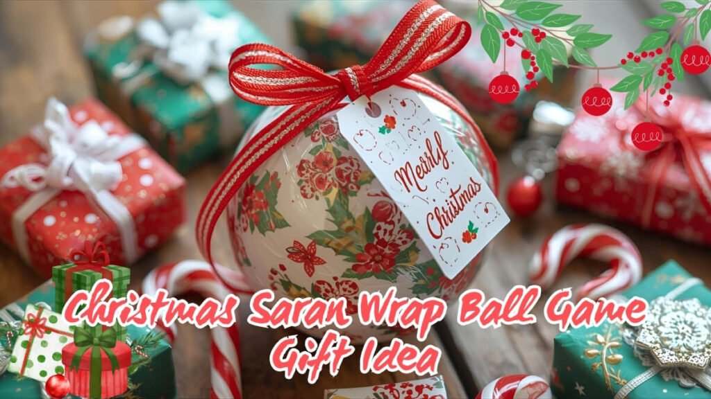 A Christmas-themed saran wrap gift ball with festive wrapping, perfect for the holiday Christmas saran wrap ball game gift idea for adults.