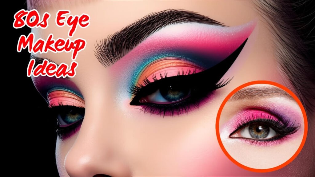 Image of A close up of a models face with bold eighties eye makeup featuring neon pink and blue eyeshadow with a thick black eyeliner wing A close-up of a model's face with bold eighties eye makeup, featuring neon pink and blue eyeshadow with a thick black eyeliner wing.
