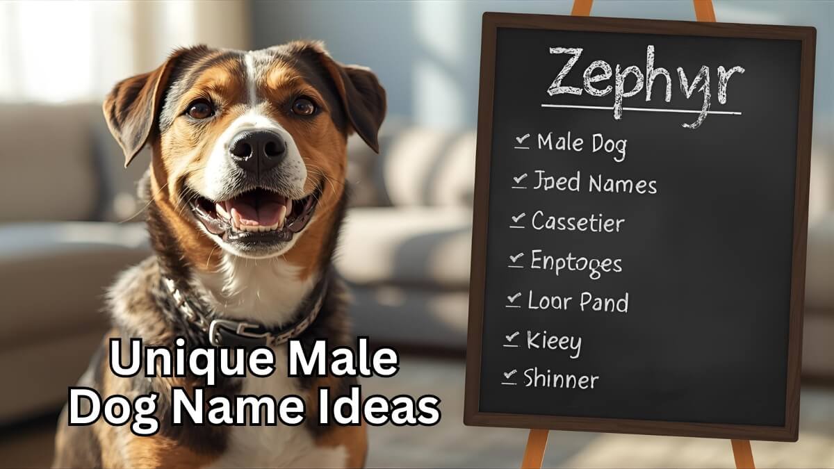 Image of A handsome male dog looking up with a list of unique male dog names with meaning visible in the background A handsome male dog looking up, with a list of unique male dog names with meaning visible in the background