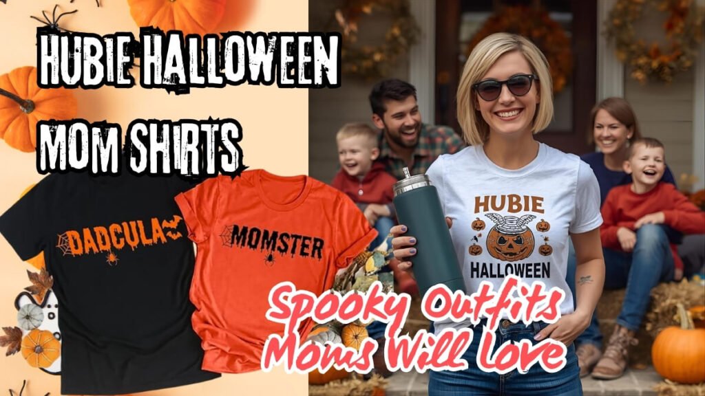 Image of A mom wearing a funny Hubie Halloween mom shirt laughing with her family a thermos in her hand on a colorful autumn themed porch A mom wearing a funny Hubie Halloween mom shirt, laughing with her family, a thermos in her hand, on a colorful autumn-themed porch