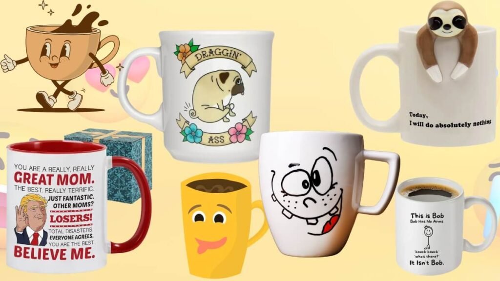 A variety of funny yankee swap gift ideas under $25, including novelty mugs and humorous coasters.