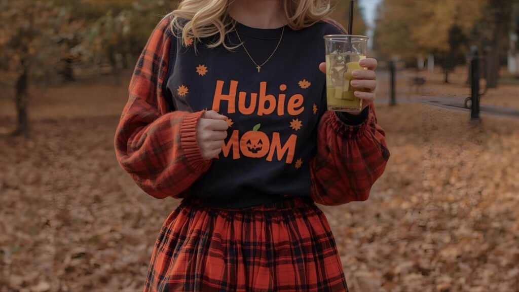 Image of A vertical shot of a woman in a Halloween themed skirt and a Hubie Halloween mom shirt holding a fall themed drink in an aesthetically pleasing autumn setting A vertical shot of a woman in a Halloween themed skirt and a Hubie Halloween mom shirt, holding a fall themed drink, in an aesthetically pleasing autumn setting