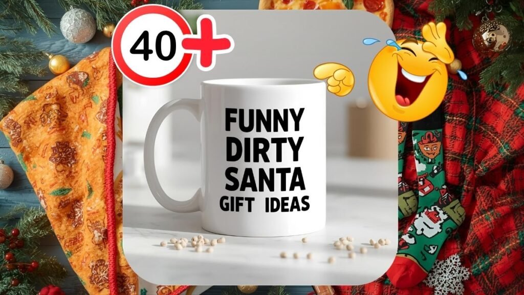Best funny Dirty Santa gift ideas under $25, including a burrito blanket, a funny mug, and a gag gift box, spread around a Christmas tree