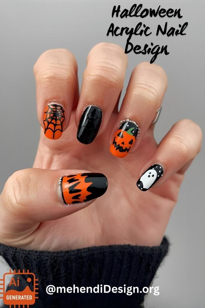 Image of Artistic mix and match halloween acrylic nail designs showing a creative variety of spooky themes Artistic mix-and-match halloween acrylic nail designs, showing a creative variety of spooky themes