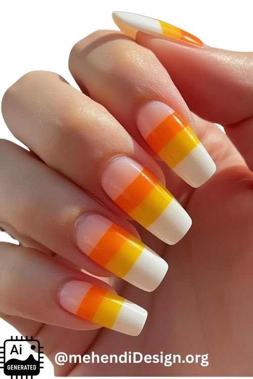 Image of Close up of acrylic nails with a candy corn design a fun and colorful halloween acrylic nail design Close-up of acrylic nails with a candy corn design, a fun and colorful Halloween acrylic nail design