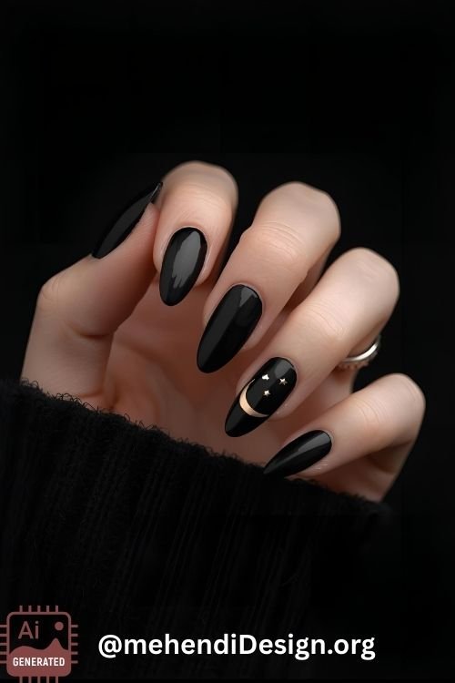 Image of Elegant black cat and moon nail art a subtle yet stylish acrylic nails with halloween designs Elegant black cat and moon nail art, a subtle yet stylish acrylic nails with halloween designs