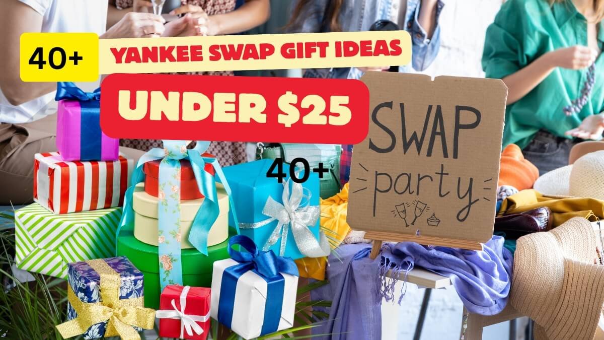 Image of Festive holiday table with wrapped presents labeled Yankee Swap gift ideas under 25 Festive holiday table with wrapped presents labeled Yankee Swap gift ideas under $25