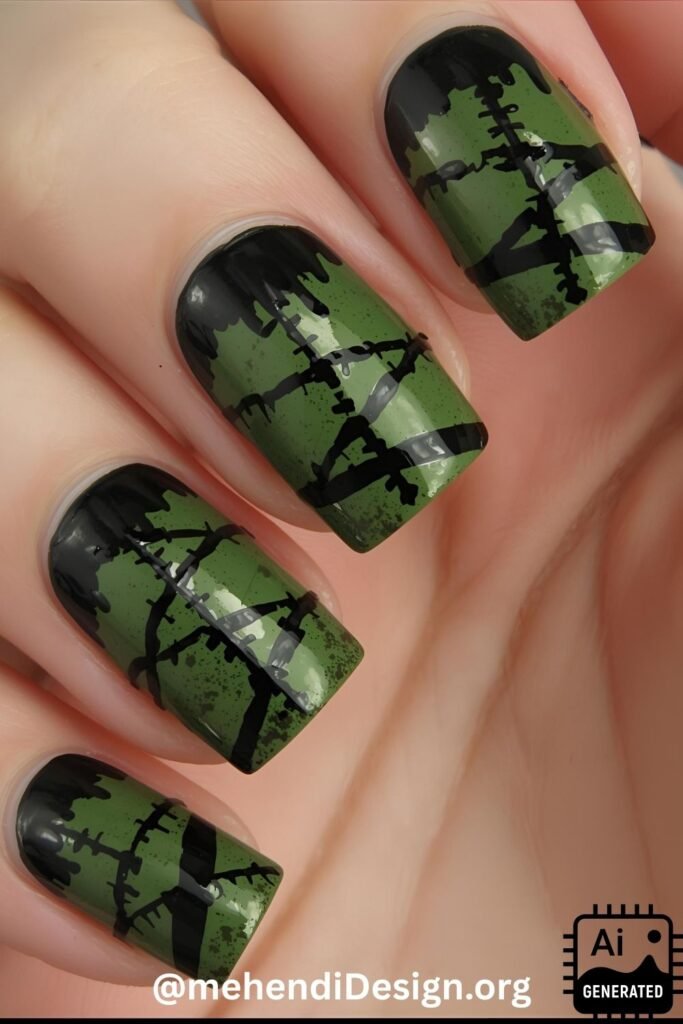 Image of Frankenstein inspired acrylic nails with black stitches a fun and scary halloween design Frankenstein inspired acrylic nails with black stitches, a fun and scary halloween design