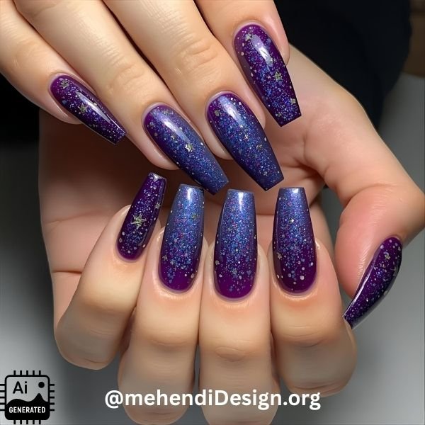 Image of Glamorous witchy purple and glitter acrylic nails designs halloween featuring stars Glamorous witchy purple and glitter acrylic nails designs halloween, featuring stars
