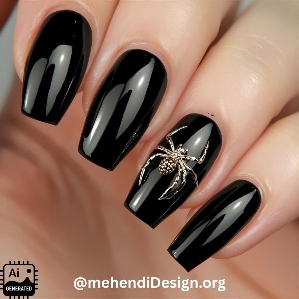 Image of Glossy black acrylic nails with a 3D spider charm a glam acrylic nails with halloween design ideas Glossy black acrylic nails with a 3D spider charm, a glam acrylic nails with halloween design ideas