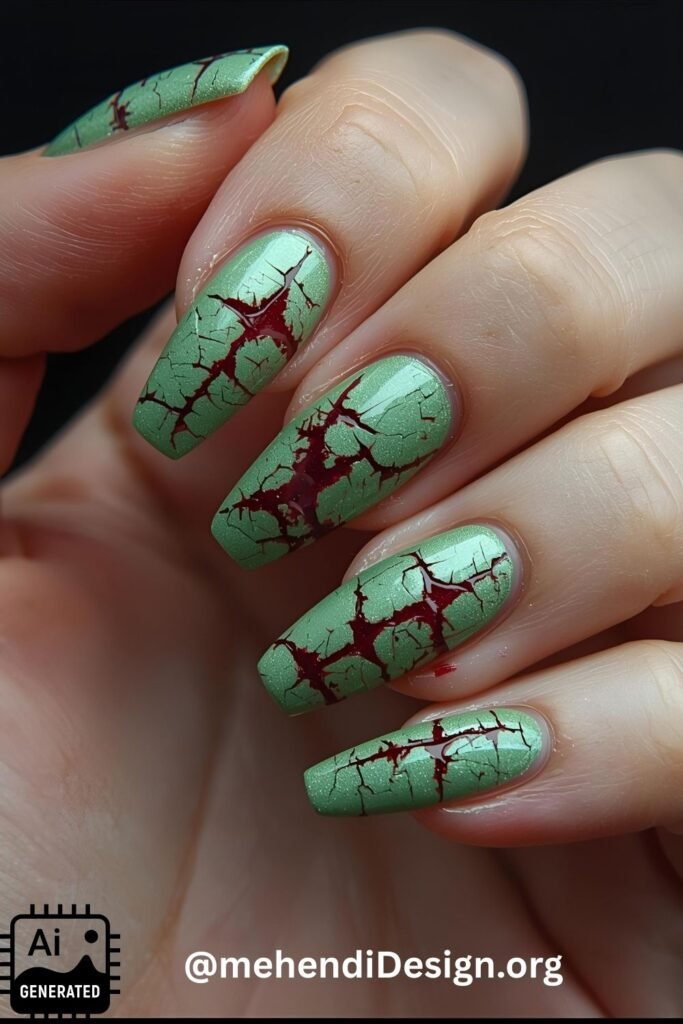 Image of Grungy zombie green acrylic nails with cracked effects a truly spooky halloween nail design Grungy zombie-green acrylic nails with cracked effects, a truly spooky halloween nail design