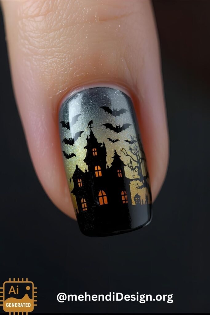 Image of Miniature haunted house designs on acrylic nails a very detailed halloween nail art idea Miniature haunted house designs on acrylic nails, a very detailed halloween nail art idea