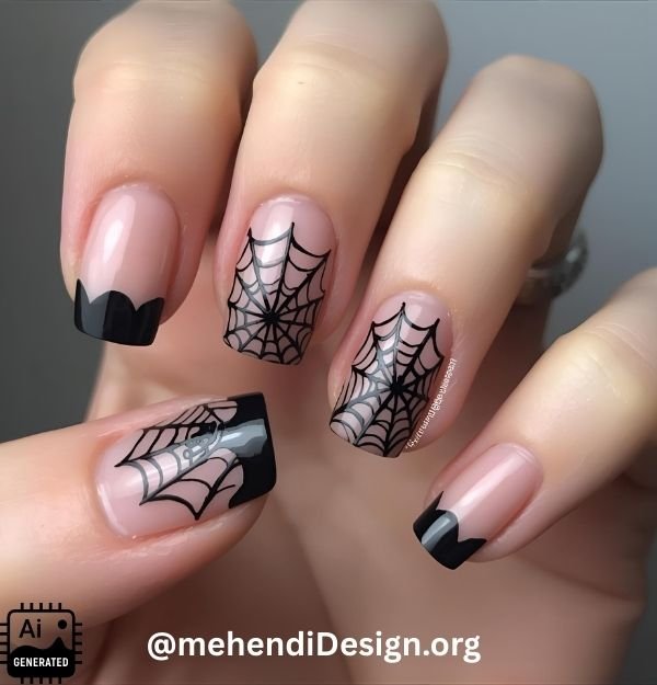 Image of Minimalist spider web tips on a natural nail base a simple yet chic acrylic nail design for Halloween Minimalist spider web tips on a natural nail base, a simple yet chic acrylic nail design for Halloween