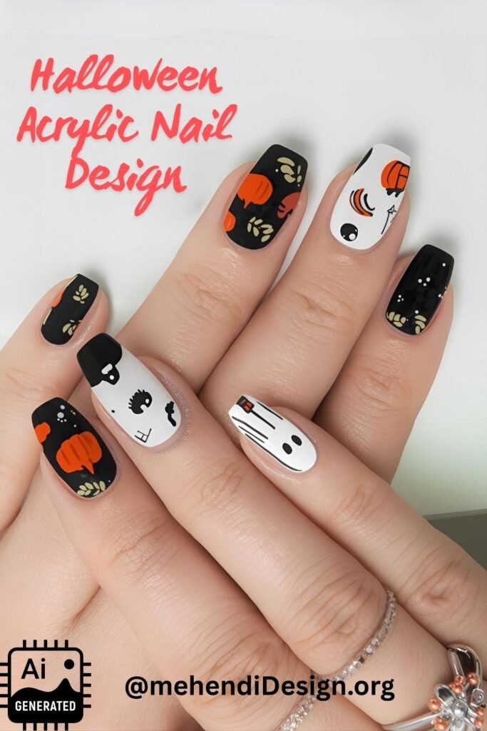Image of Modern acrylic press on nails with various halloween patterns a great last minute choice for a halloween acrylic nail design Modern acrylic press-on nails with various halloween patterns, a great last-minute choice for a halloween acrylic nail design