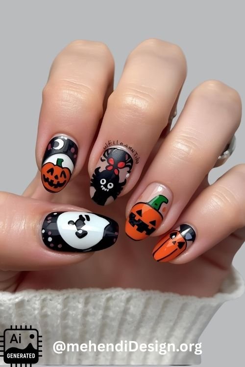 Image of Set of cartoon inspired acrylic nail halloween designs featuring cute ghosts and bats Set of cartoon-inspired acrylic nail halloween designs featuring cute ghosts and bats