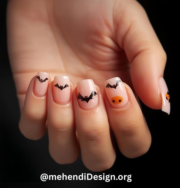 Image of Short halloween acrylic nail designs with tiny bat and pumpkin accents perfect for daily wear Short halloween acrylic nail designs with tiny bat and pumpkin accents, perfect for daily wear.
