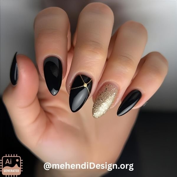 Image of Sparkly black and gold halloween nail designs acrylic a luxurious and trendy look Sparkly black-and-gold halloween nail designs acrylic, a luxurious and trendy look