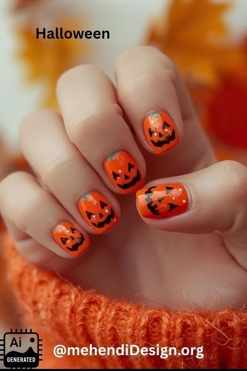 Image of Vibrant orange pumpkin themed cute halloween acrylic nail designs on a persons hand Vibrant orange pumpkin-themed cute halloween acrylic nail designs on a person's hand