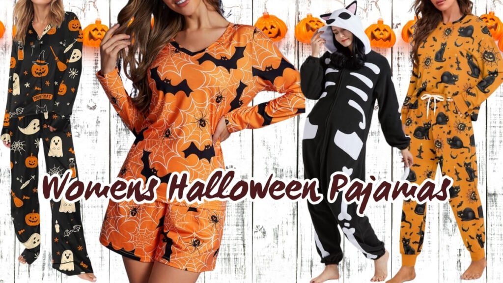 Image of Woman wearing cozy womens halloween pajamas sipping from a mug and looking out a window on a chilly fall evening Woman wearing cozy womens halloween pajamas, sipping from a mug and looking out a window on a chilly fall evening
