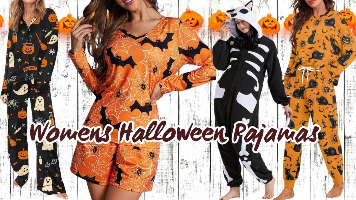 Image of Woman wearing cozy womens halloween pajamas sipping from a mug and looking out a window on a chilly fall evening Woman wearing cozy womens halloween pajamas, sipping from a mug and looking out a window on a chilly fall evening