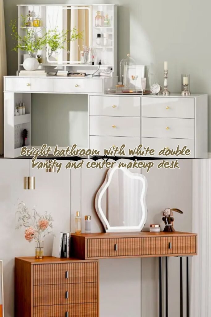 minimalist white double vanity with makeup area in a modern bathroom